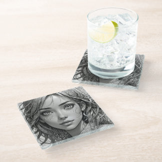 Cute anime girl black and white portrait glass coaster
