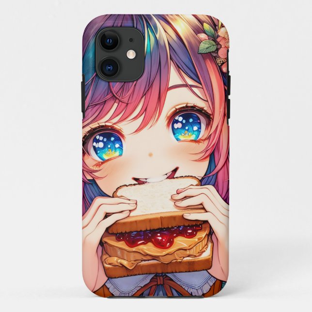 Cute Anime Girl eating a Peanut Butter and Jelly Case-Mate iPhone Case (Back)