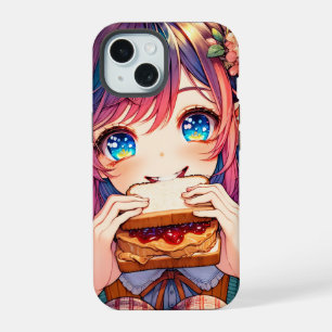 Cute Anime Girl eating a Peanut Butter and Jelly iPhone 15 Case