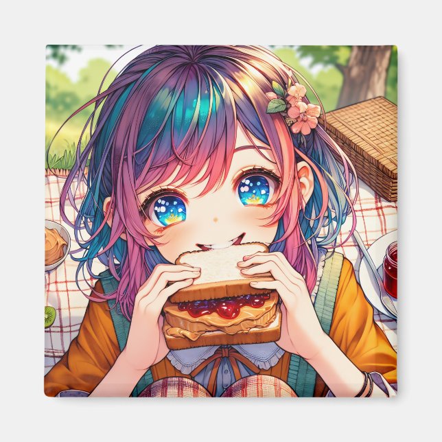 Cute Anime Girl eating a Peanut Butter and Jelly Magnet (Front)