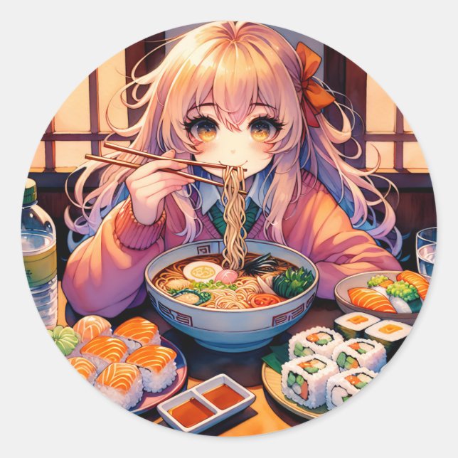 Cute Anime Girl Eating Ramen and Sushi Classic Round Sticker (Front)