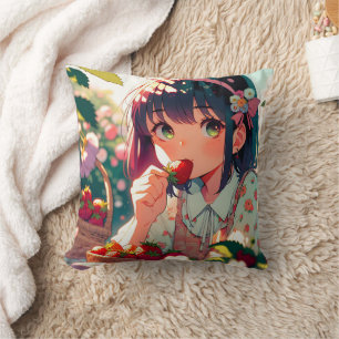 Cute Anime Girl Eating Strawberries Cushion