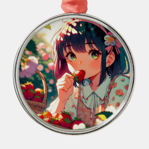Cute Anime Girl Eating Strawberries   Metal Ornament