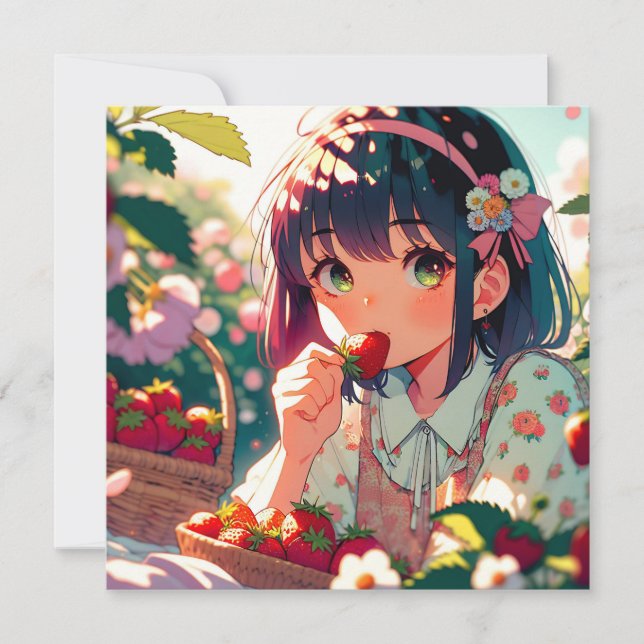 Cute Anime Girl Eating Strawberries | Summer Day (Front)