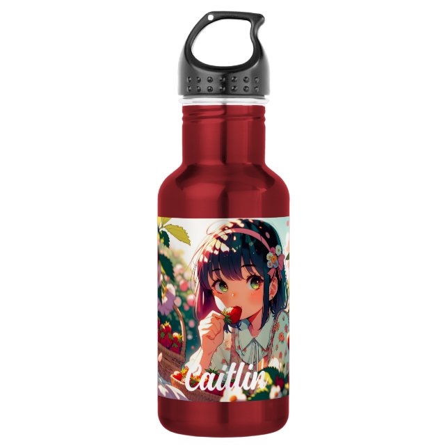Cute Anime Girl Eating Strawberries | Summer Day 532 Ml Water Bottle (Front)