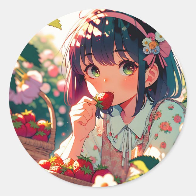 Cute Anime Girl Eating Strawberries | Summer Day Classic Round Sticker (Front)