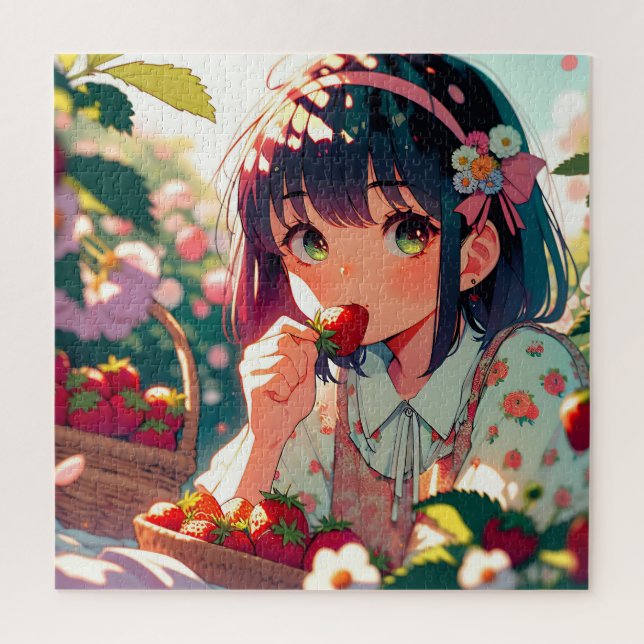 Cute Anime Girl Eating Strawberries | Summer Day Jigsaw Puzzle (Vertical)