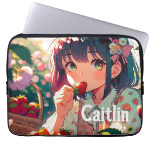 Cute Anime Girl Eating Strawberries   Summer Day Laptop Sleeve