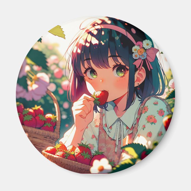 Cute Anime Girl Eating Strawberries | Summer Day Magnet (Front)
