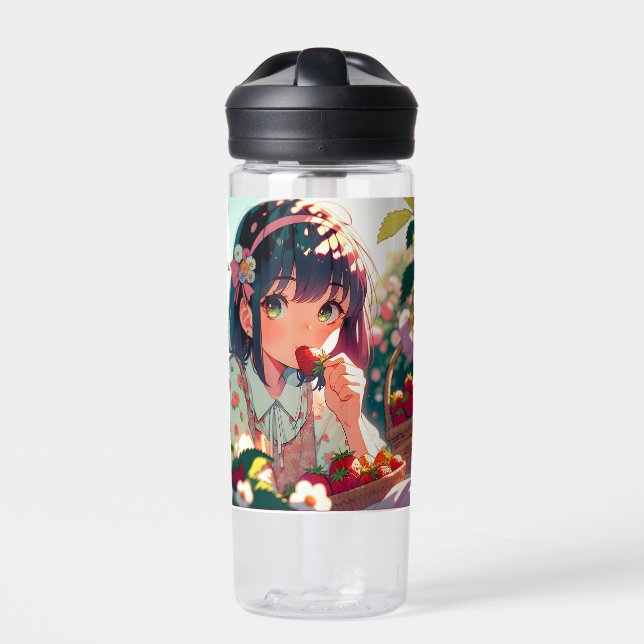 Cute Anime Girl Eating Strawberries | Summer Day Water Bottle (Front)