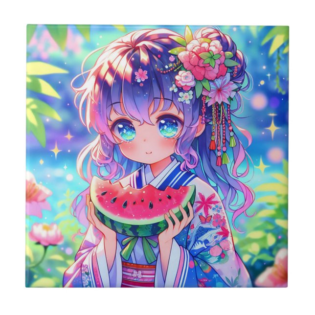 Cute Anime Girl Eating Watermelon on a Summer Day Ceramic Tile (Front)