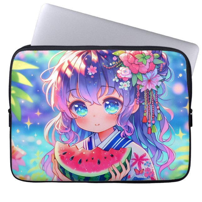 Cute Anime Girl Eating Watermelon on a Summer Day Laptop Sleeve (Front)