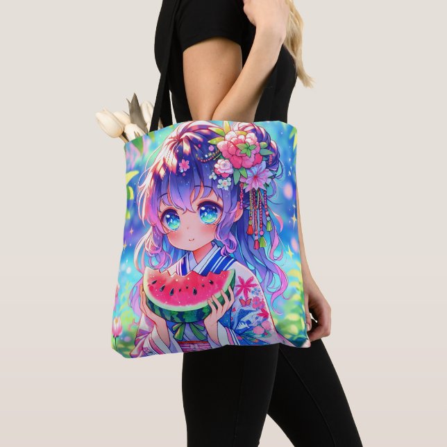 Cute Anime Girl Eating Watermelon on a Summer Day Tote Bag (Close Up)