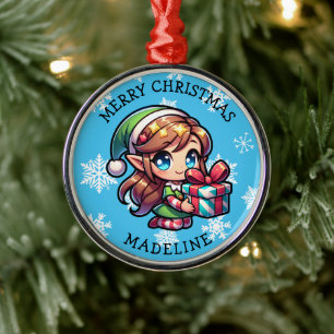Cute Anime Girl Elf Personalised Christmas Metal Ornament