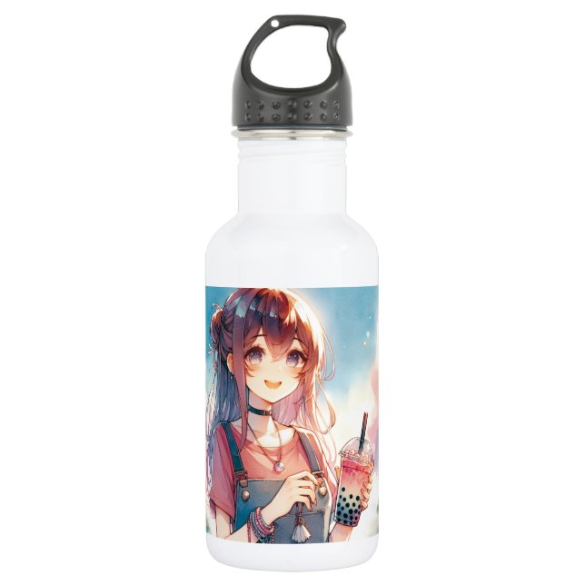 Cute Anime Girl Holding a Boba Tea 532 Ml Water Bottle (Front)