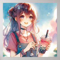 Cute Anime Girl Holding a Boba Tea