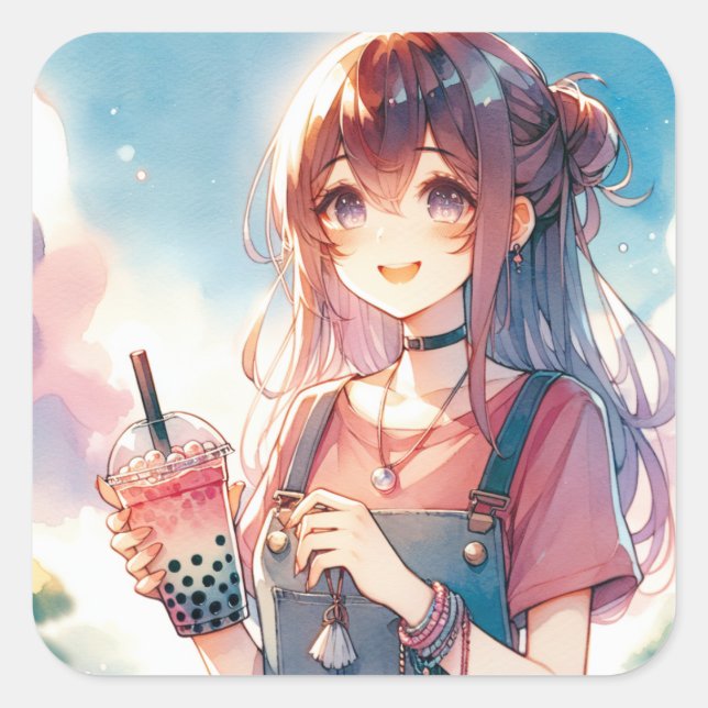 Cute Anime Girl Holding a Boba Tea Square Sticker (Front)