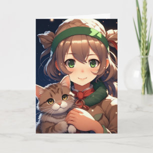 Cute Anime Girl Holding a Kitten Christmas Card