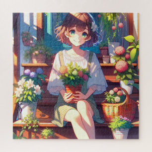 Cute Anime Girl holding a Plant  Jigsaw Puzzle