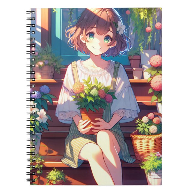 Cute Anime Girl holding a Plant Notebook (Front)