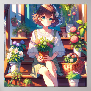 Cute Anime Girl holding a Plant  Poster