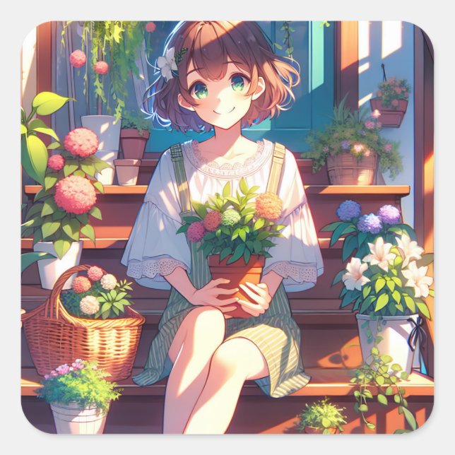 Cute Anime Girl holding a Plant Square Sticker (Front)