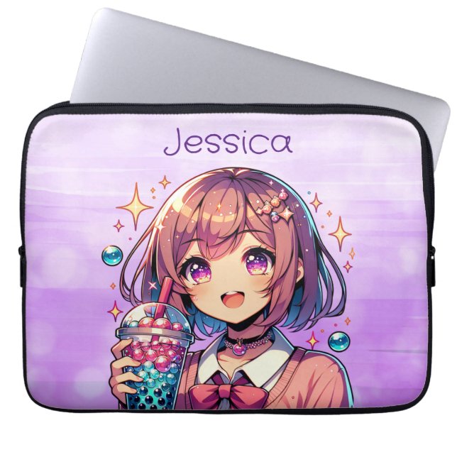 Cute Anime Girl Holding Bubble Tea Personalised Laptop Sleeve (Front)