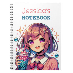 Cute Anime Girl Holding Bubble Tea Personalised Notebook