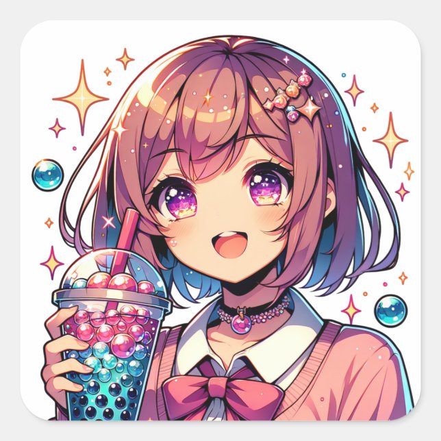 Cute Anime Girl Holding Bubble Tea Square Sticker (Front)