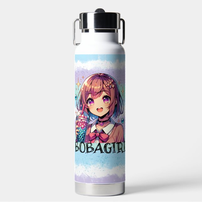 Cute Anime Girl Holding Bubble Tea Water Bottle (Front)