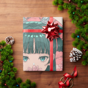 Cute Anime Girl Hugging Black Cat Wrapping Paper 