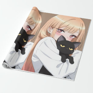 Cute Anime Girl Hugging Black Cat Wrapping Paper 