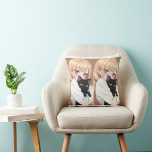 Cute Anime Girl Hugging Black Cat Wrapping Paper Cushion