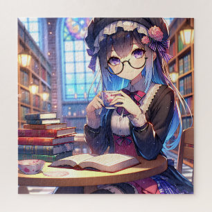 Cute Anime Girl in Glasses Reading Jigsaw Puzzle
