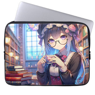 Cute Anime Girl in Glasses Reading Laptop Sleeve