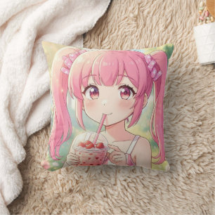 Cute Anime Girl in Pink Drinking Bubble Tea Cushion