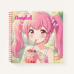 Cute Anime Girl in Pink Drinking Bubble Tea Notebook