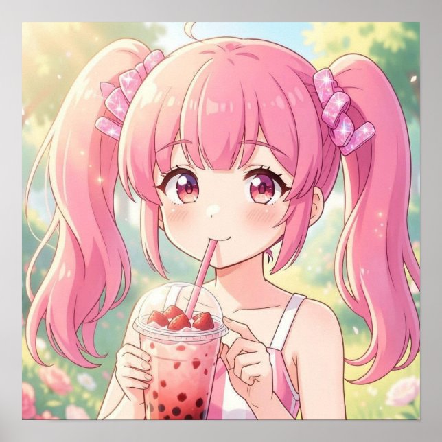Cute Anime Girl in Pink Drinking Bubble Tea Poster (Front)