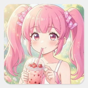 Cute Anime Girl in Pink Drinking Bubble Tea Square Sticker
