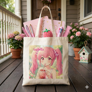 Cute Anime Girl in Pink Drinking Bubble Tea Tote Bag