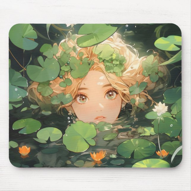 Cute Anime Girl in Pond Mouse Pad (Front)