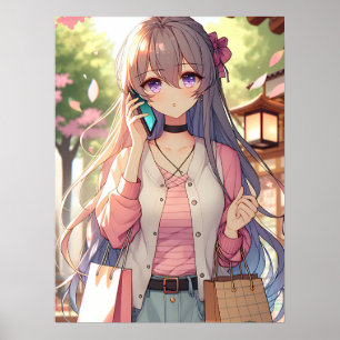 Cute Anime Girl in Shopping Bliss Poster