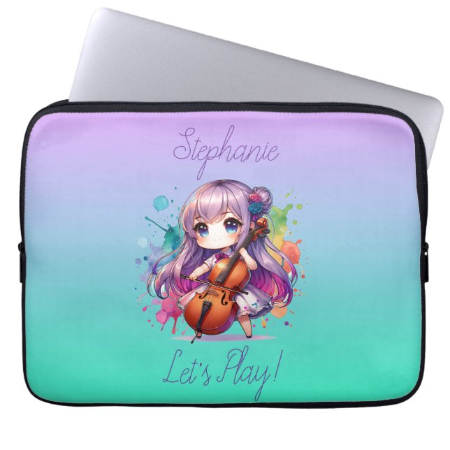 Cute Anime Girl Playing Cello Player Personalised Laptop Sleeve (Front)