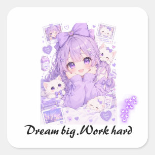 Cute Anime Girl Purple Aesthetic Motivational Post Square Sticker