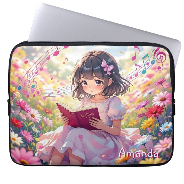 Cute Anime Girl Reading a Book Personalised Laptop Sleeve (Front)