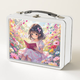 Cute Anime Girl Reading a Book Personalised Metal Lunch Box