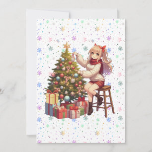 Cute Anime girl trimming the tree Holiday Card