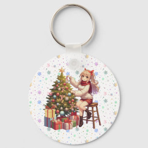 Cute Anime girl trimming the tree Key Ring