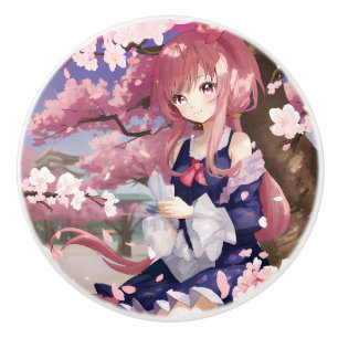 Cute Anime Girl Under A Cherry Blossom Tree Ceramic Knob