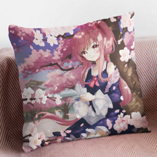 Cute Anime Girl Under A Cherry Blossom Tree Cushion